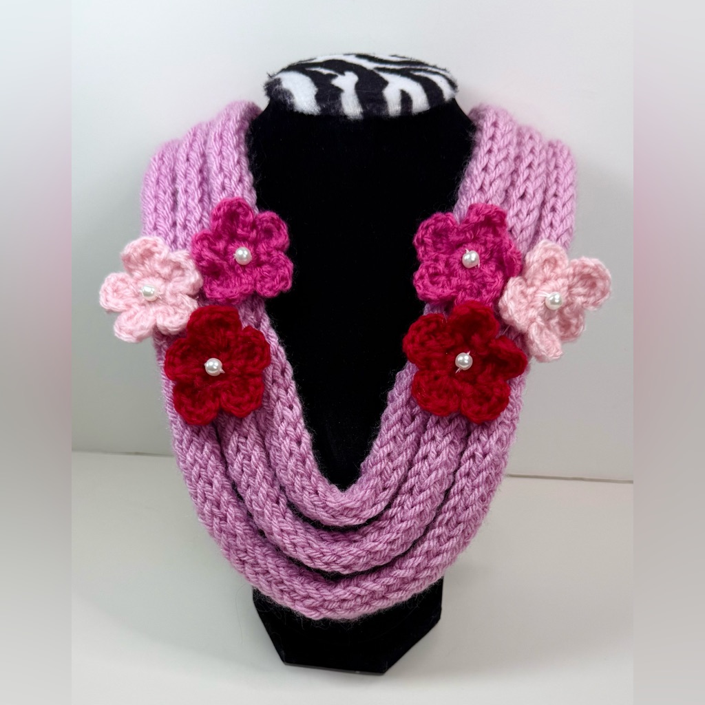 Handmade Orchid Knit Rope Necklace 3tier W/ Red Pink Crochet Flowers & Pearl
